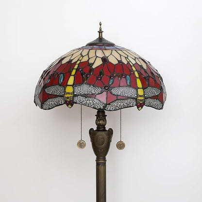 Tiffany Floor Lamp Dragonfly Red Stained Glass Floor Light Bright Lighting Rustic Standing Lamp Vintage Unique Bronze Reading Corner Lamp for Home Decor Living Room Bedroom 16X16X64 Inches