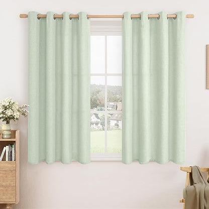 LAMIT Light Green Linen Blended Curtains for Bedroom, 54 inches Grommet Thermal Insulated Thick Cottage Curtains Light Reducing Window Treatment Drapes for Living Room, Set of 2 Panels, W52 x L54