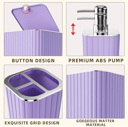 Bathroom Accessories Set - 25PC Bathroom Sets with Shower Curtain and Rugs, Purple Bathroom Accessories with Trash Can, Soap Dispenser, Soap Dish & Toilet Brush