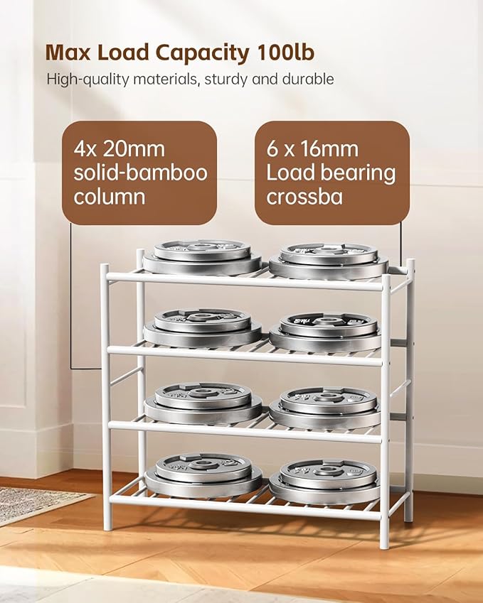 Bamboo Shoe Rack for Closet Small Wooden Shoe Organizer with Pouch, Sturdy Wood Shoe Shelf for Front Door Entrance Entryway and Outdoor, 26 inch Wide (White, 4-Tier)