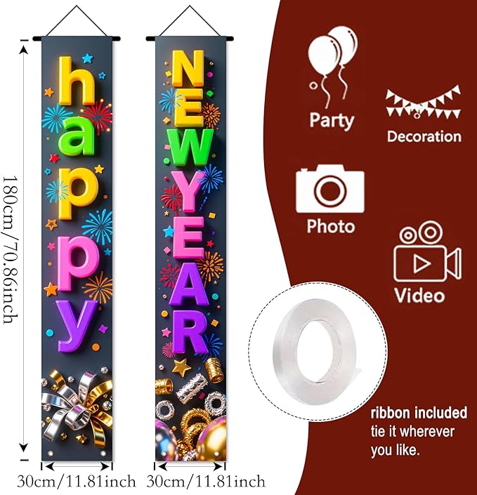 Nuxovilar Happy New Year Banner, 70.86" x 11.81" Colorful Letters Black Background Hanging Decorations for Outdoor Indoor Home Wall