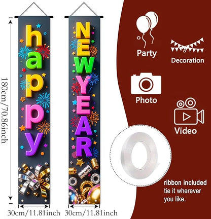 Nuxovilar Happy New Year Banner, 70.86" x 11.81" Colorful Letters Black Background Hanging Decorations for Outdoor Indoor Home Wall