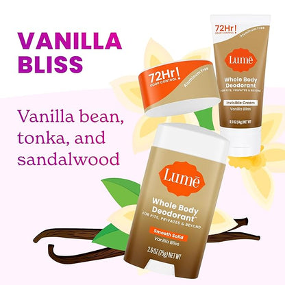 Lume Whole Body Deodorant - Invisible Cream Mini + Solid Stick Bundle - 72 Hour Odor Control - Aluminum & Baking Soda Free, Skin Loving - 0.5 Oz Mini Tube + 2.6 Oz Solid Stick (Vanilla Bliss)