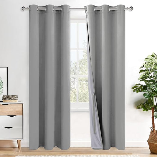 XWZO 100% Blackout Curtains with Tiebacks- 2 Thick Layers Completely Shaded Window Treatment Thermal Insulated Lined Drapes with Grommets for Bedroom/Laundry, Light Grey, W38 x L84, Set of 2 Panels