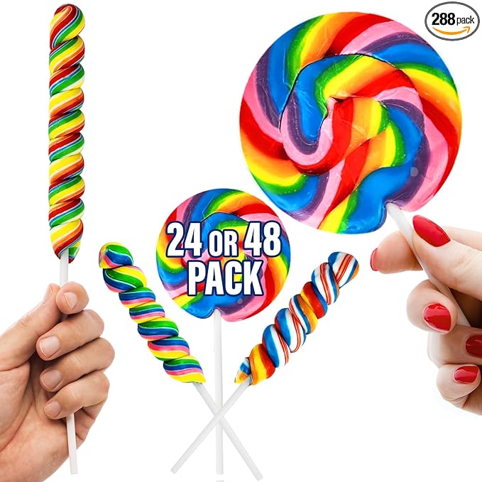 288 Large Rainbow Lollipop Bulk, |144 Rainbow Large Swirl Suckers 3" and 144 Twisty Lollipops 3" ●NEW IMPROVED UNBREAKABLE PACKAGING ● Great Holiday Party Favors, Open House Giveaways (288)