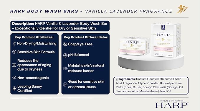 HARP pH-Balanced (5.0-6.0) Body Wash Bar. ZERO saponified oils. Protects Moisture Barrier. Gentle for Sensitive/Dry skin. + Shea Butter/Borage Oil. Non-Comedogenic. VANILLA LAVENDER Fragrance. 5oz