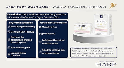 HARP pH-Balanced (5.0-6.0) Body Wash Bar. ZERO saponified oils. Protects Moisture Barrier. Gentle for Sensitive/Dry skin. + Shea Butter/Borage Oil. Non-Comedogenic. VANILLA LAVENDER Fragrance. 5oz