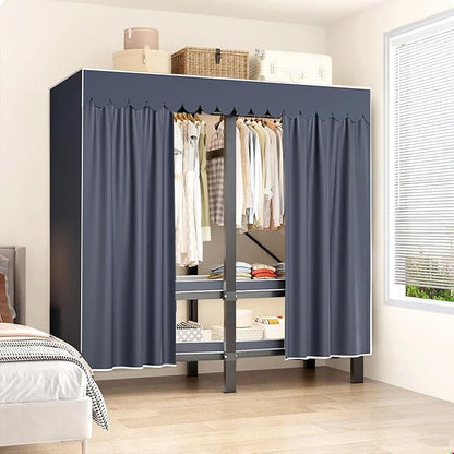 Heavy Duty Clothes Rack with Magnetic Door, Metal Foldable Covered Clothes Rack, Portable Wardrobe Closet System for Hanging Clothes, Rolling Garment Racks for Bedroom (Navy Blue Zipper, 39.3in)