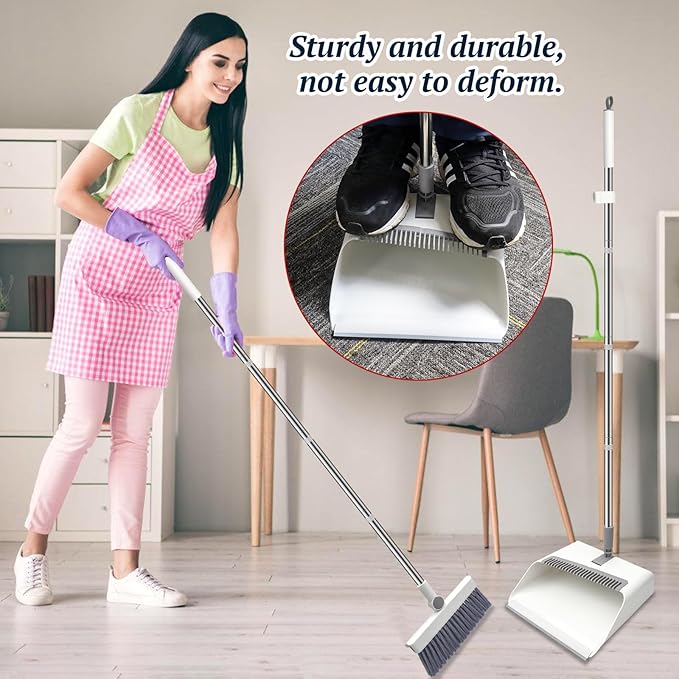 Long-Handled Broom and Dustpan Set, Windproof Broom Combination, 180-degree Rotating Brush Head with Upright Dustpan, Suitable for Indoor and Outdoor Cleaning. (White)