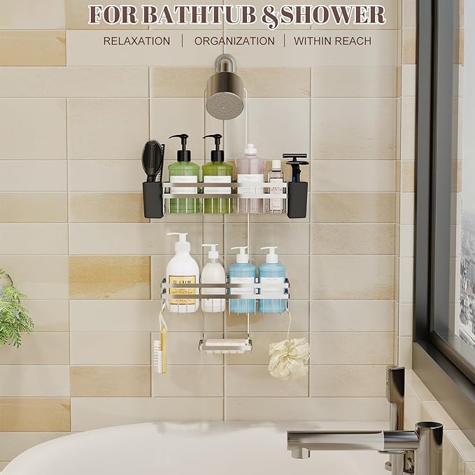 Shower Caddy Hanging for Bathroom Organizers and Storage, Adjustable Anti-Swing Shower Organizer for Wall-Mounted Showerhead with Heavy-Duty Suction Cups, Damage-Free Rustproof (Chrome)