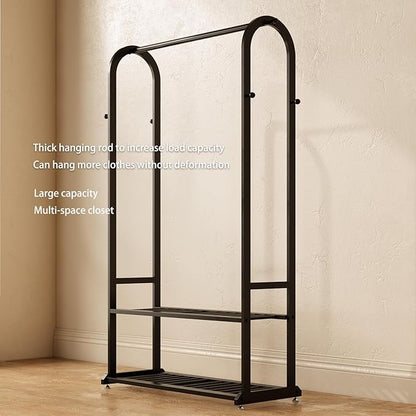 Sturdy heavy duty clothes rack,Black clothing rack with bottom shelves and 6 side hooks,Metal garment rack for hanging clothes,Wardrobe rack for Bedroom