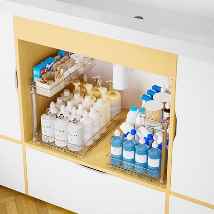 Yieach 2-Tier Under Sink Organizers and Storage,2 Pack Bathroom Cabinet Organization,Pull Out Shelves Drawers for Undersink Cleaning Supplies Organizer,Inder Sink Cabinet Storage for Kitchen,Clear