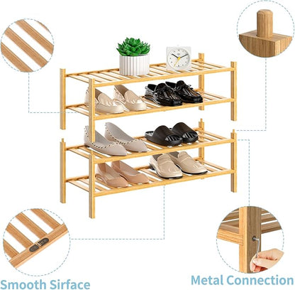 RONGJlA 4 Tier Bamboo Shoe Rack for Closet Free Standing Wood Shoe Shelf Storage Organizer for Entryway Small Space Stackable, Natural