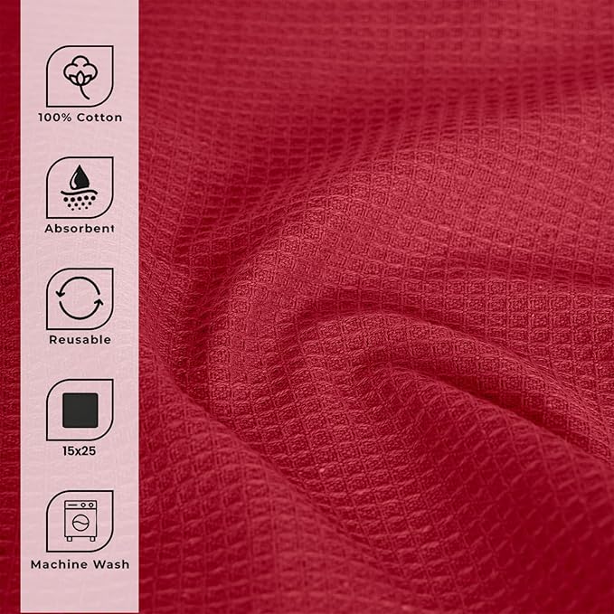Blue Needles Waffle Weave Kitchen Towels, 15x25 Inches 100% Cotton Set of 4 Dish Towels for Kitchen, Ultra Soft & Absorbent with Hanging Loop, Spring Summer Dish Rags for Quick Drying - Burgundy