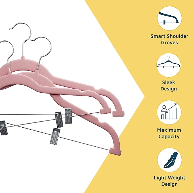 Velvet Pants Hangers – with Adjustable Clips, 360 Degree Swivel Hook, and Non-Slip Shoulder Notch, Holds Up to 10 lbs, for Organizing Skirt, Pants, Dress, and Clothes, Pack of 10, Pink