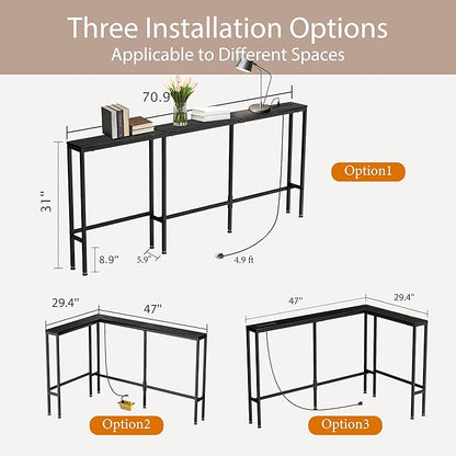 70" Narrow Console Sofa Table with Power Outlets & 2 USB Ports, L Shaped Behind Couch Table Skinny, 3 Assembly Options Entryway Tables with Charging Station for Living Room, Hallway, Black, 70IN