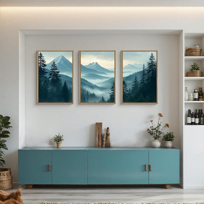 Large Misty Mountain Forest Framed Canvas Wall Art,Nature Pine Tree Wall Decor,Foggy Snow Woodland Wall Painting,Watercolor Scenery Artwork for Living Room,Bedroom,Dining Room,Office -24"x36"x3