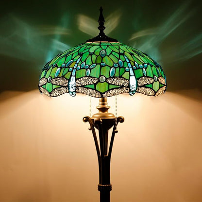 Tiffany Floor Lamp Green Stained Glass Dragonfly Standing Reading Light 16X16X70 Inches Antique Pole Corner Lamp Decor Bedroom Office Living Room