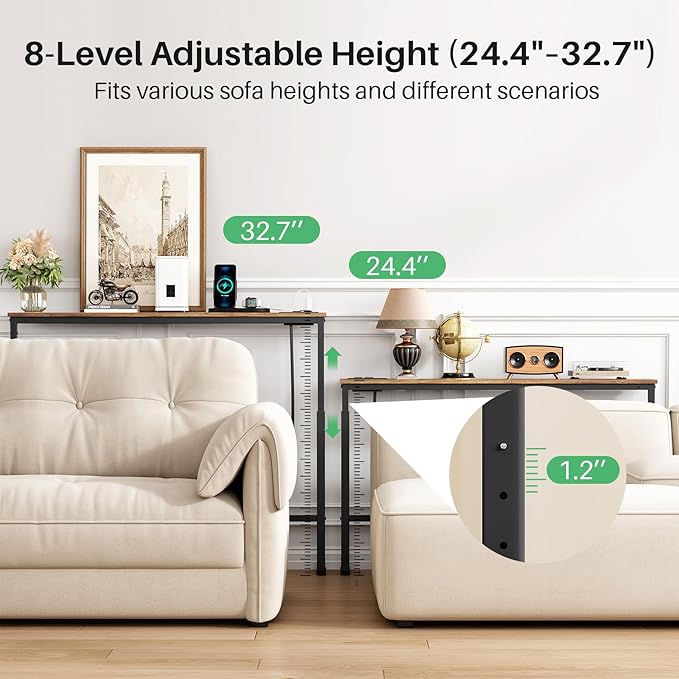 Kitstorack 2-Pack Narrow Console Table with Adjustable Height (25"-33") & 2 Power Outlets, Skinny Behind Couch Table, 79" Long x 5.9" Wide Sofa Side Table for Living Room, Rustic Brown | 2-Pack, Behind Sofa Couch