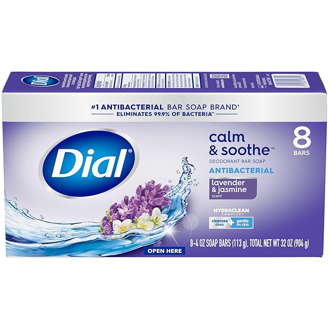 Dial Antibacterial Deodorant Bar Soap, Calm & Soothe Lavender & Twilight Jasmine Scent, 4 Oz, 32 Bars, Dermatologist Tested, With Clean Rinse Technology