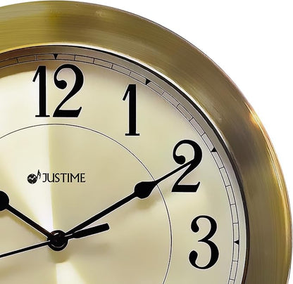 JUSTIME 8.5 inch Brushed Metal Water Resistant Wall Clock, Special for Small Space, Office, Boats, RV (WM86-BN-R Brushed Bronze)