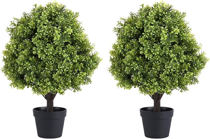 THE BLOOM TIMES 2ft Faux Boxwood Plants Outdoor Set of 2, 24" Tall UV-Resistant Artificial Evergreen Topiary Ball, Fake Potted Greenery Bushes & Shrubs for Front Porch Planter, Patio Outside Decor