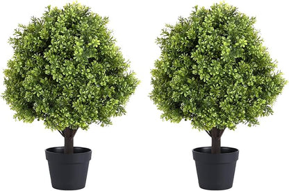 THE BLOOM TIMES 2ft Faux Boxwood Plants Outdoor Set of 2, 24" Tall UV-Resistant Artificial Evergreen Topiary Ball, Fake Potted Greenery Bushes & Shrubs for Front Porch Planter, Patio Outside Decor