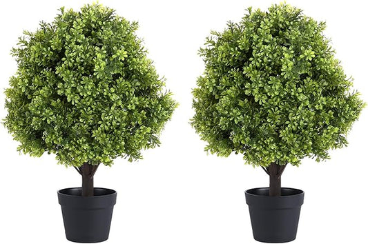 THE BLOOM TIMES 2ft Faux Boxwood Plants Outdoor Set of 2, 24" Tall UV-Resistant Artificial Evergreen Topiary Ball, Fake Potted Greenery Bushes & Shrubs for Front Porch Planter, Patio Outside Decor