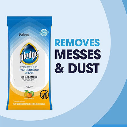 Pledge Multisurface Cleaning Wipes, pH Balanced, Fresh Citrus, 25 Count (Pack of 4, 100 Total Wipes)