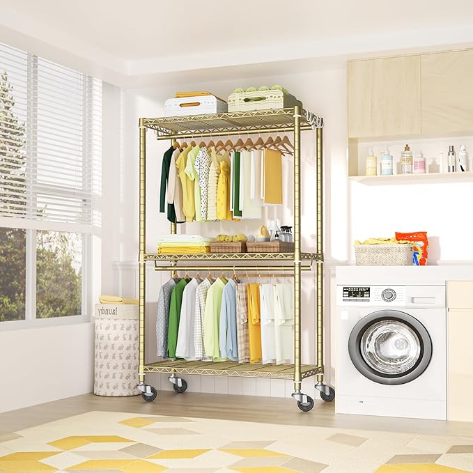 P3 Rolling Clothes Rack, Clothing Racks for Hanging Clothes, Heavy Duty Garment Rack with Wheels, Freestanding Portable Closet Organizer 39.4'' W x 14'' D x 78.5'' H, Max Load 464 LBS, Gold