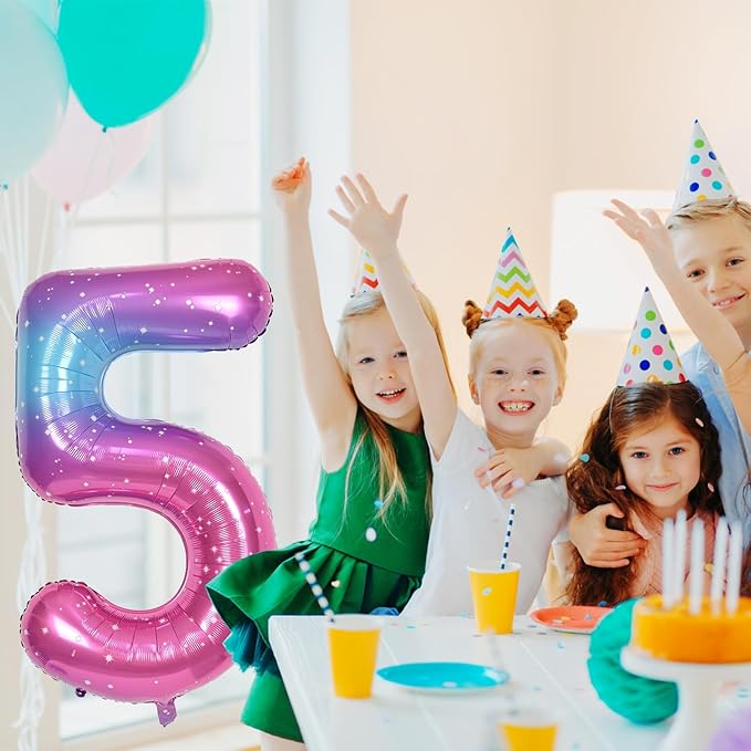 Gradient Blue Pink Number Balloons, 40" Large Rainbow Number 6 Foil Mylar Helium Balloons for Girls Women, Colorful Starry Self Inflating Number Balloons 0-9 for Birthday Party Celebration Decoration