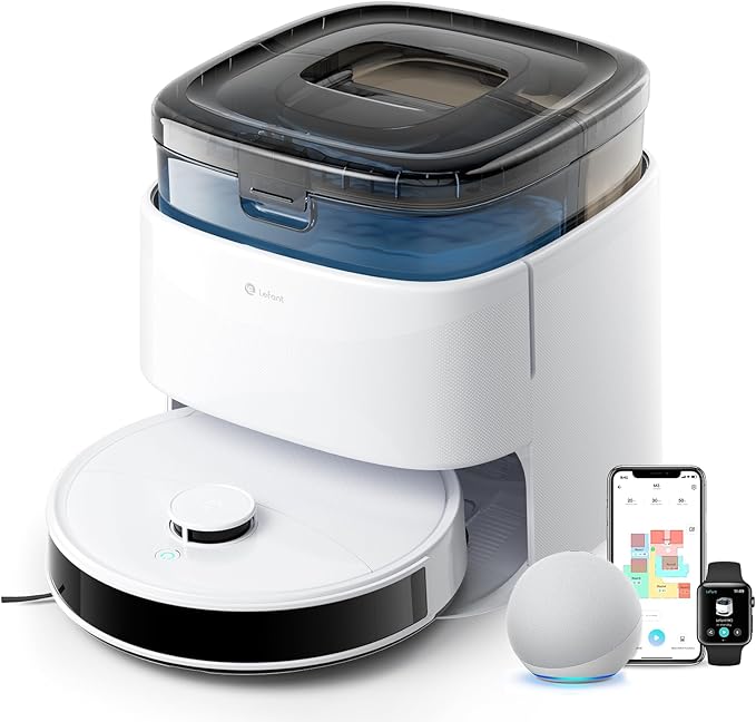 Lefant M3 Robot Vacuum, Robot Vacuum and Mop, 12000Pa Suction, Anti-Tangle Brushes, Dual Spinning Mop, Auto Mop Washing, Drying, Self-Emptying, Self-Refilling, for Pet Hair Dust, App Voice Control