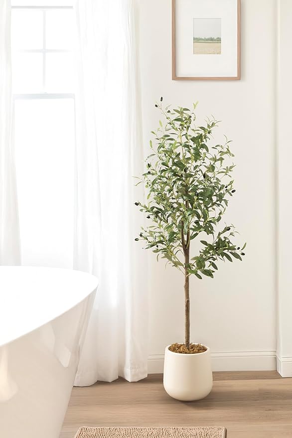 Kate and Laurel Oliveira Faux Olive Tree with Jia Curved Planter Pot, 5 FT, Cream, Potted Artificial Tree Indoor with Realistic Foliage and Added Moss, Fake Plant for Living Room Decor