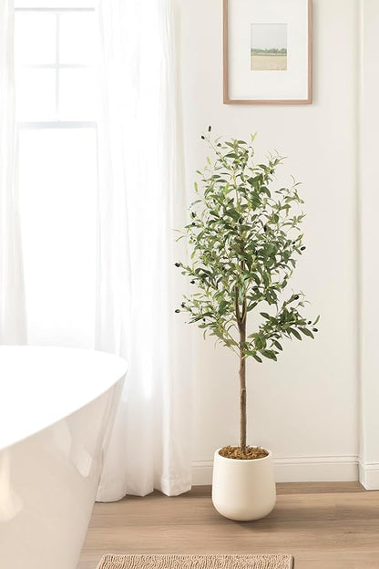 Kate and Laurel Oliveira Faux Olive Tree with Jia Curved Planter Pot, 5 FT, Cream, Potted Artificial Tree Indoor with Realistic Foliage and Added Moss, Fake Plant for Living Room Decor