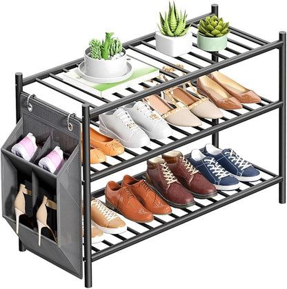 Bamboo Shoe Rack for Closet Small Wooden Shoe Organizer with Pouch, Sturdy Wood Shoe Shelf for Front Door Entrance Entryway and Outdoor, 26 inch Wide (Black, 3-Tier)
