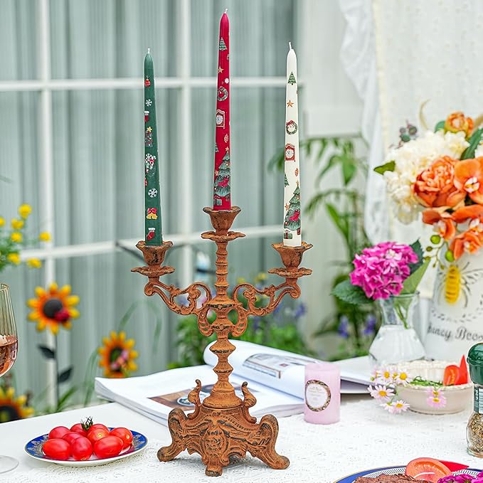 Sungmor Rusty Cast Iron 3 Arm Candelabra, 13" Tall Vintage Candlestick Holder, Decorative Taper Candle Holder, Pretty Centerpiece Candle Stand for Halloween, Christmas, Holiday Décor