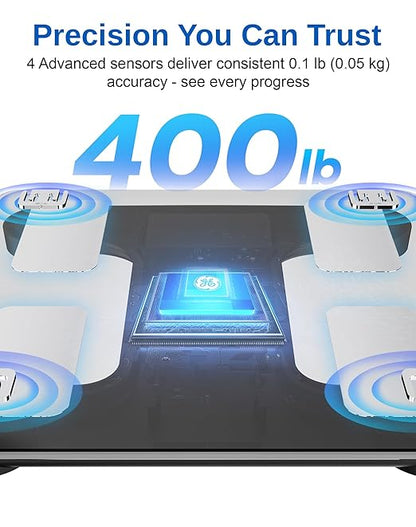 GE Smart Scale for Body Fat, BMI Muscle Mass Digital Bathroom Weight Scales Bluetooth Electronic Body Composition Monitor for People with App Large Display, Accurate 400lb Weighing