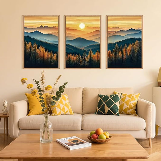 Large Boho Sunrise Mountain Framed Canvas Wall Art,Abstract Nature Forest Wall Decor,Foggy Pine Tree Wall Painting,Retro Landscape Artwork for Living Room,Bedroom,Dining Room,Office -24"x36"x3