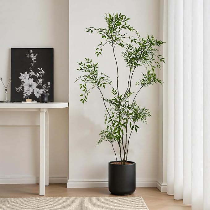 Artificial Nandina Domestica Tree, 7ft Tall Indoor Plant, Potted Faux Greenery with Natural Stems