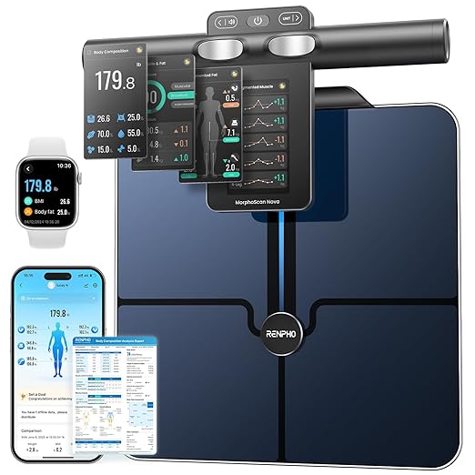 RENPHO Smart Scale for Body Weight, 8-Electrode Body Composition Scale with BMI, Body Fat, Muscle Mass, Rechargeable Body Fat Scale with Full-Color TFT LCD on Handle, MorphoScan Nova