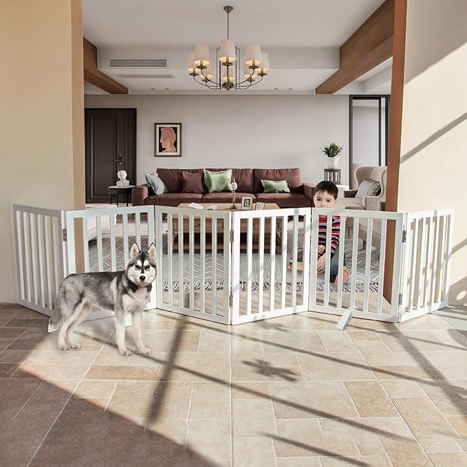 Foldable Indoor Dog Gate for The House Freestanding Stairs Nature Wooden White Pet Gate for Doorway Puppy Gate for Dogs Expandable Dog Fence for Stairs or Hallways 24"" Height 6 Panels