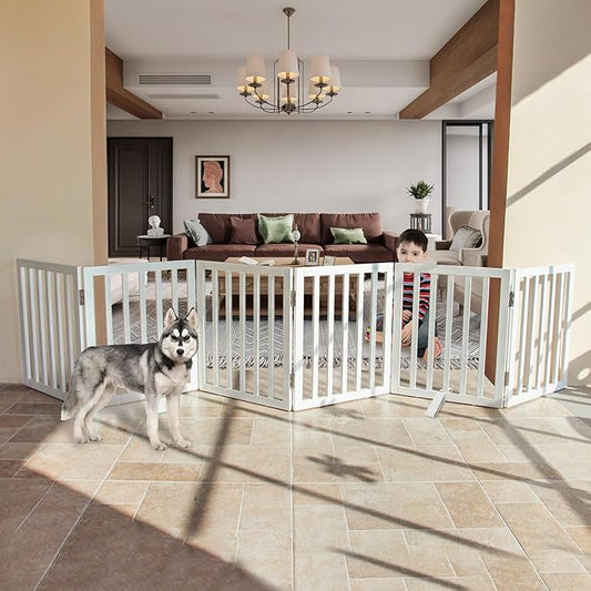 Foldable Indoor Dog Gate for The House Freestanding Stairs Nature Wooden White Pet Gate for Doorway Puppy Gate for Dogs Expandable Dog Fence for Stairs or Hallways 24"" Height 6 Panels