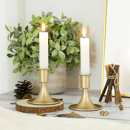 Candlestick Holders Taper Candle Holder 12Pcs Brass Gold Metal Vintage Short Stick Holders Set for Home Dinning Table Wedding Centerpiece Holiday Party Chrismas Mantel Holiday Dinner Base Widening