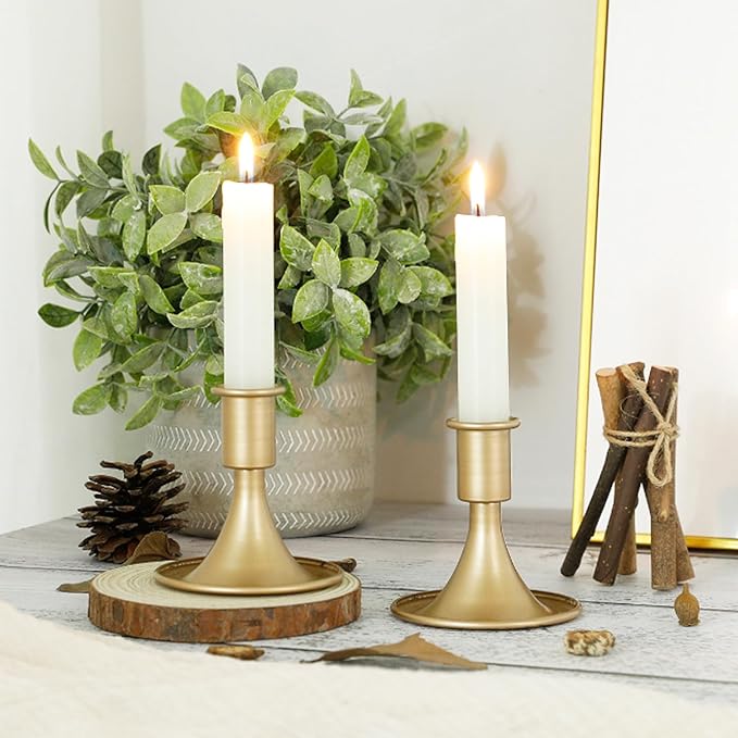 Candlestick Holders Taper Candle Holder 6Pcs Brass Gold Metal Vintage Short Stick Holders Set for Home Dinning Table Wedding Centerpiece Holiday Party Chrismas Mantel Holiday Dinner Base Widening