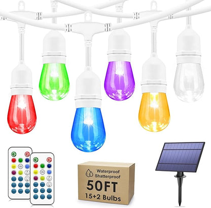 50FT RGB Solar Outdoor String Lights with Remote, Dimmable Waterproof Patio Lights with 15 LED Bulbs for Deck Balcony Cafe Party-White Cord