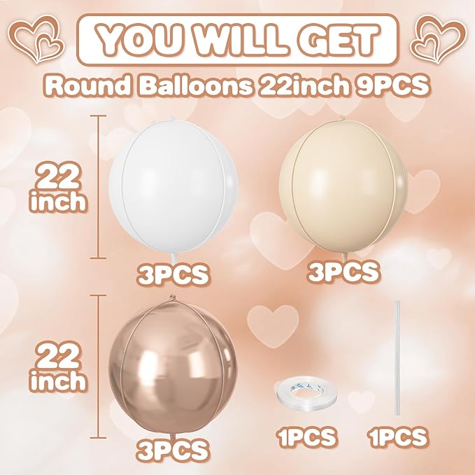 Cream White Gold Round Foil Balloons 9 pcs,Metallic Giant 4D Round Balloons 22 Inch for Birthday Boho Wedding Anniversary Engagement Decorations