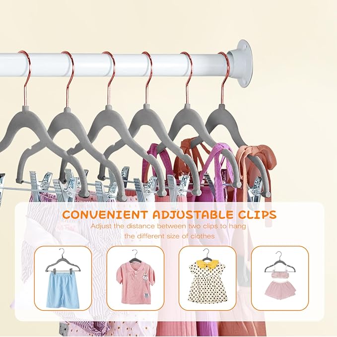 Stormix Baby Hangers - 24 Pack Non-Slip Kids Hangers with Clips, Heavy-Duty for Shirts, Pants, Skirts, Dresses, Jackets, Coats - Rose Gold Hooks
