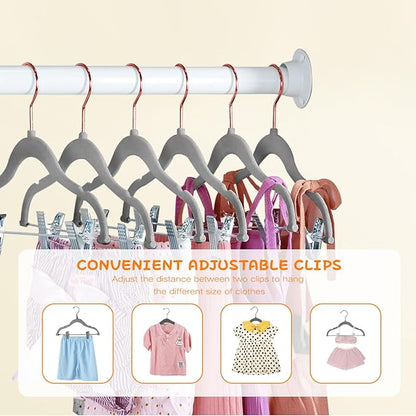 Stormix Baby Hangers - 24 Pack Non-Slip Kids Hangers with Clips, Heavy-Duty for Shirts, Pants, Skirts, Dresses, Jackets, Coats - Rose Gold Hooks