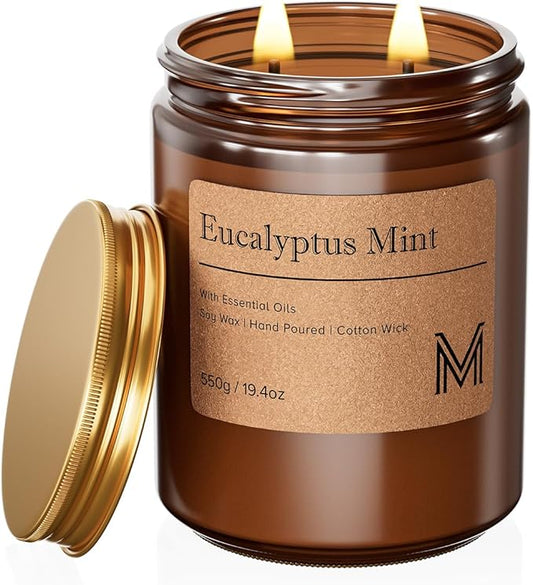 M&SENSE Eucalyptus Mint Scented Christmas Candle Gift | 19.4oz, 115-Hour Burn | Natural Organic Soy Wax | Long-Lasting for Stress Relief and Gifting | for Christmas, Thanksgiving, Holiday