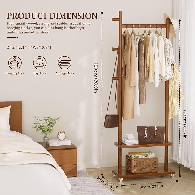 Coat Rack Freestanding Clothing Rack with Wheels & 2 Shelves Storage & 5 Hooks Heavy Duty Clothes Rack Wood Coat Tree Stand Hat Hanger Rack for Corner Bedroom Entryway Living Room Hotel Size L